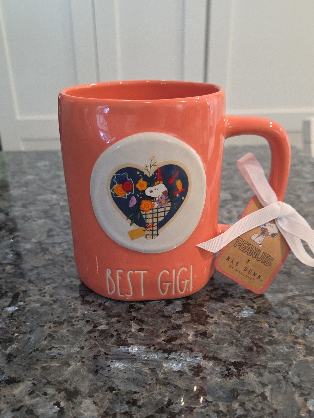 Rae Dunn Coral Ceramic 'Best Gigi' Mug with Peanuts Heart Medallion